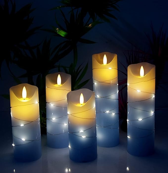 danip LED Flameless Candle with Embedded Star String, 5 Piece LED Candle with 10 Button Remote Control, 24 Hours Timer Function, Dancing Flame, Real Wax, Battery Powered. (Sky Blue)