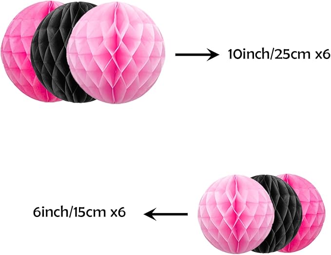 ZOOYOO 12Pcs 6" 10" Honeycomb Balls Decorations Hanging Tissue Paper Pom Poms for Mean Girls Birthday Party Halloween Wedding Decorations(Pink Black)