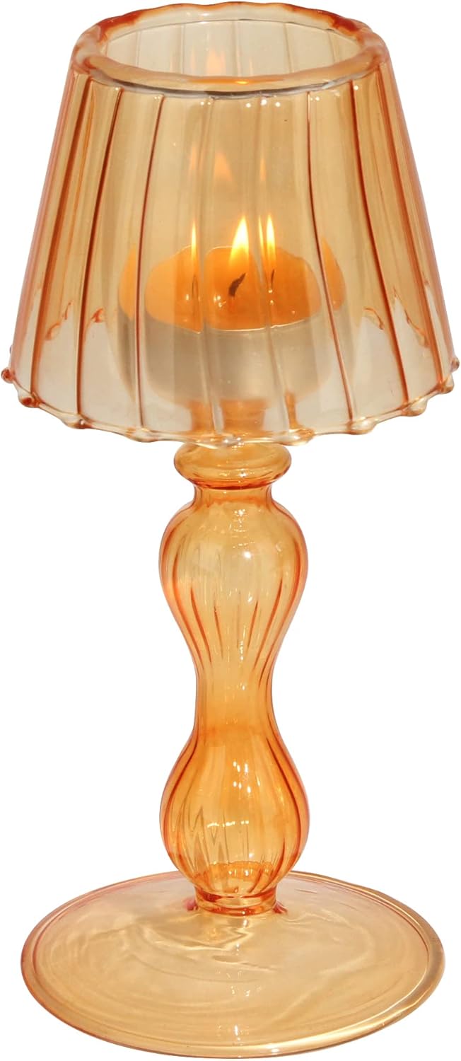 Gurfuy Desk Lamp Shaped Glass Candle Holder - Glass Hurricane Candleholder Crystal Decorative Candle Stand for Table Wedding Dinning Centerpieces Party Supplies Decor Amber