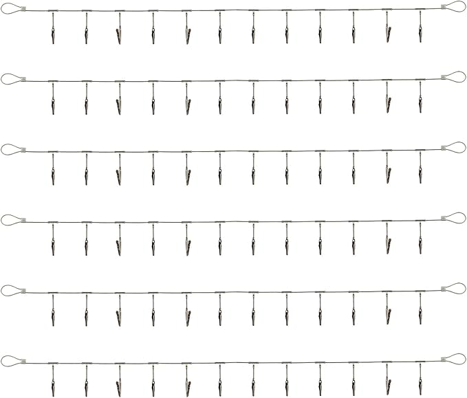 6 Pack 5 ft Steel Wall Hanging Photo Display Cable Wire Rod String with 12PCS Clips, Picture Holders for Kids Crafts, Notes