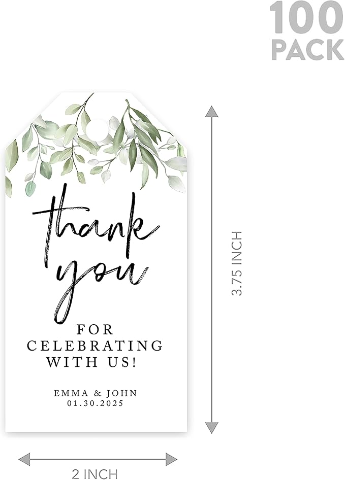 Andaz Press 100-Pack Personalized Thank You Wedding Favor Tags with Bakers Twine Greenery Leaves Custom Thank You Tags Wedding Gift Tags 2' X 3.75'