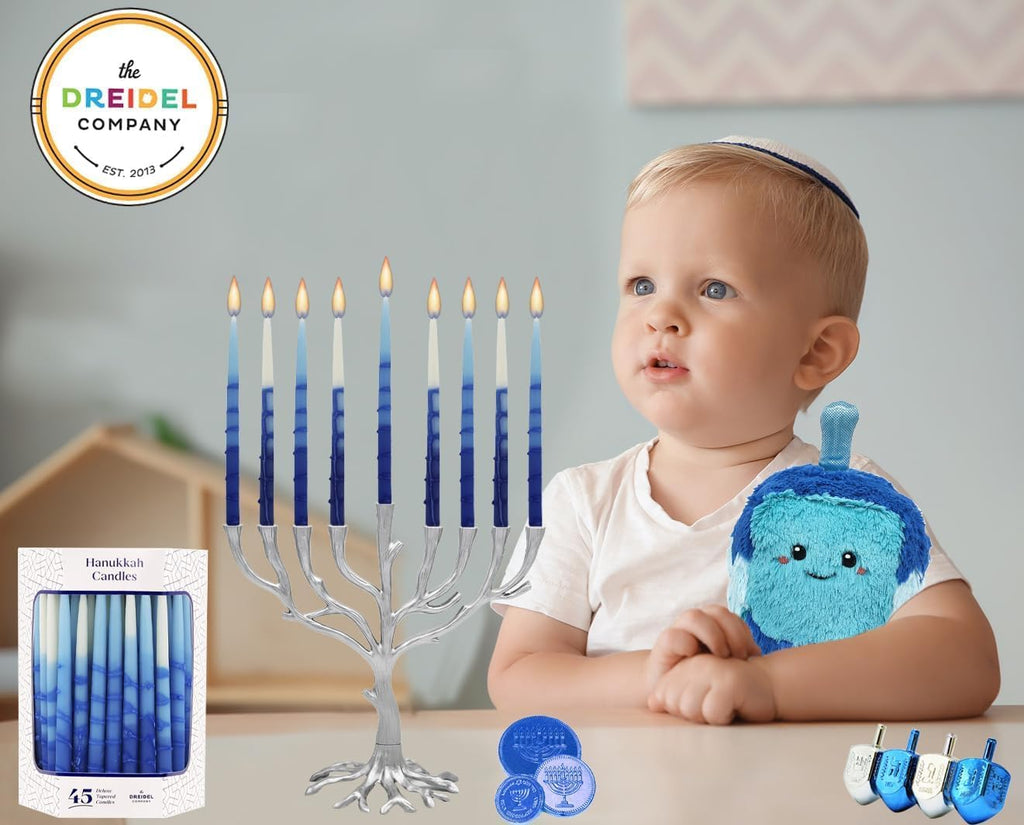 The Dreidel Company Dripless Deluxe Tapered 1-Hour Burn Time Pastel Blue and White Hanukkah Menorah Candles Includes 45 Candles for All 8 Nights of Chanukah
