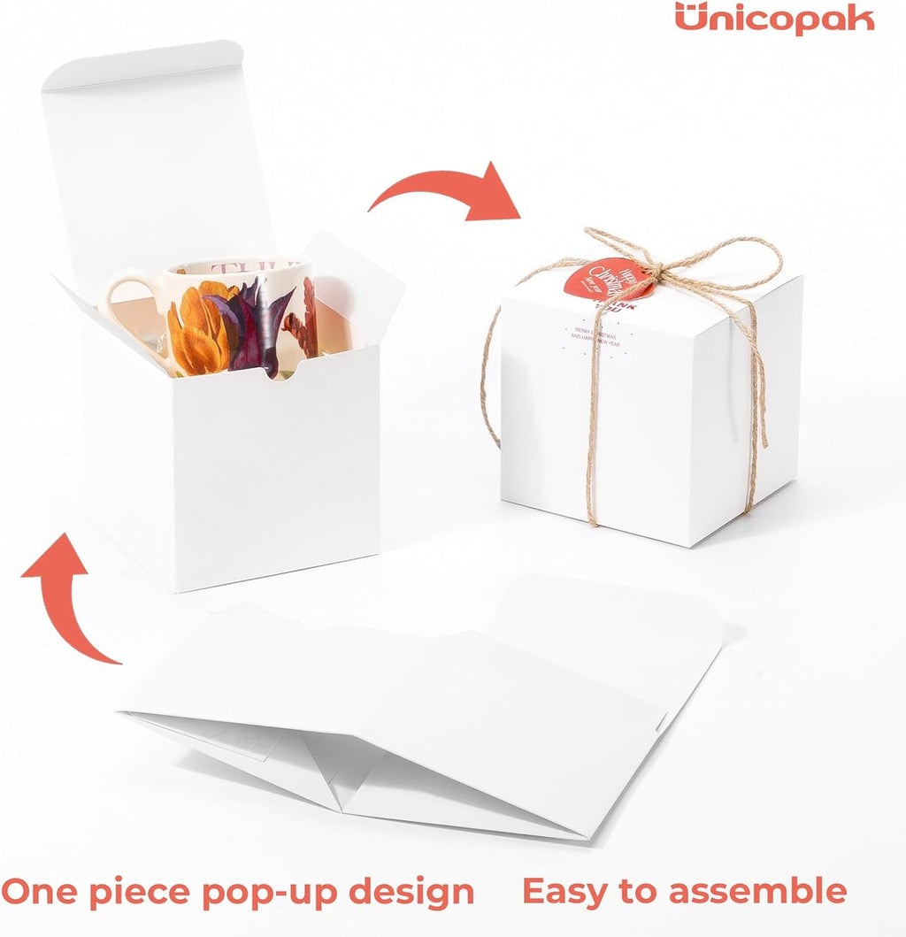 UnicoPak 30 Pack 5x5x5 Gift Boxes, Sturdy Small White Gift Boxes for Presents, Ornaments, Candles, Mugs, Easy Pop-up Assembly, Ideal for Birthday Christmas Party Business