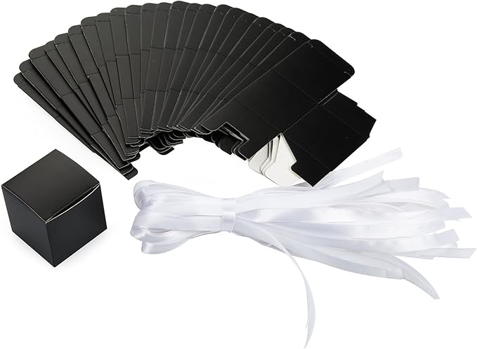 AWELL Black Gift Candy Box Bulk 2x2x2 inches with White Ribbon Party Favor Box,Pack of 50