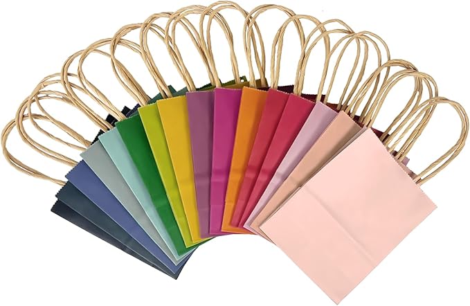 qiqee 200Pcs Paper Gift Bags with Handles - 4.5"×2.5"×6" Mini Party Favor Bags Multiple Uses - 16 Solid Colors