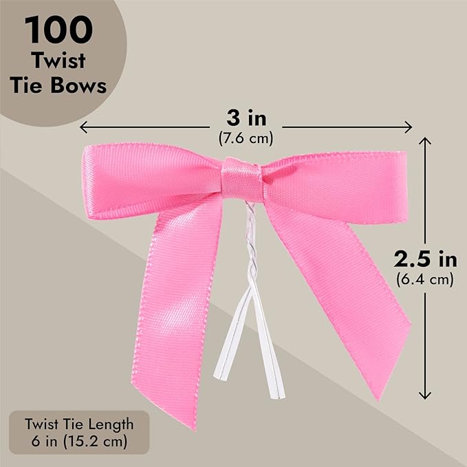 Juvale Pink Twist Tie Gift Bows - Pre-Tied Mini Bows for Crafts & Ribbon Twist Ties for Treat Bags - 100 Count, 3 x 2.5 in, Satin