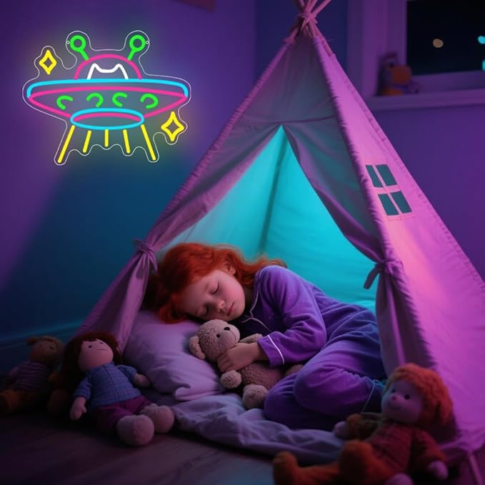 UFO Neon Sign,Cat Dimmable LED Light Signs for Wall Art Decor,Space Backdrop for Game Room Bedroom Club Party Man Cave,Gift for Boys Teen Men USB Powered（15"*12.1"）