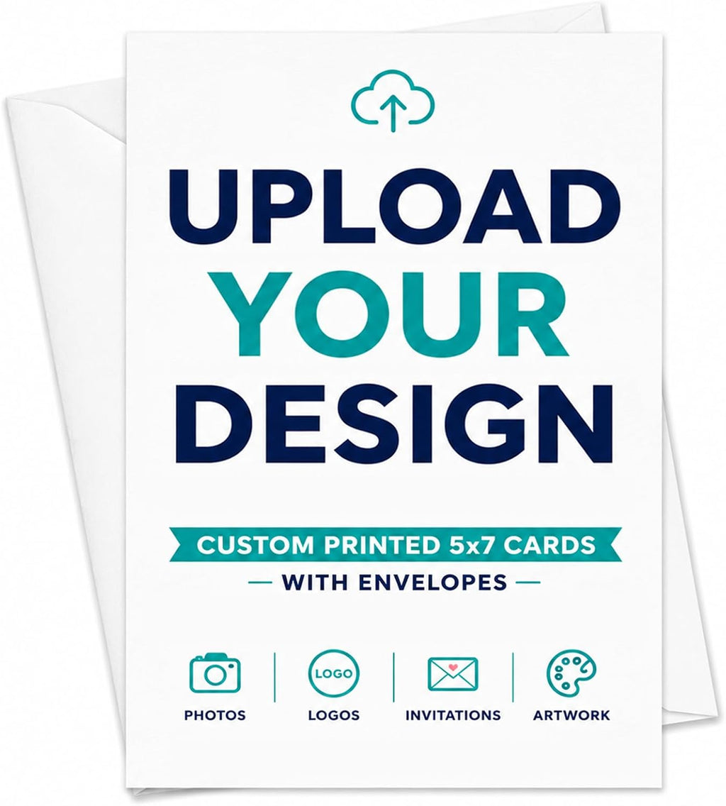 20-100 Custom Invitations with Envelopes, Personalized 5x7 Cards, Upload Your Own Design, Premium 18pt Cardstock, Birthday, Baby Shower, Wedding, Graduation, Save the Date, Thank You Cards