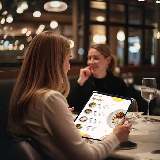 Goodsmart Restaurant Menu Covers – 25 Pack Black 2-View, Top-Loading Menu Holders, Vinyl & Plastic Café Menu Covers, Clear Menu Sleeves, Fits 8.5" x 14", Leather-Style Design, Gold Corners