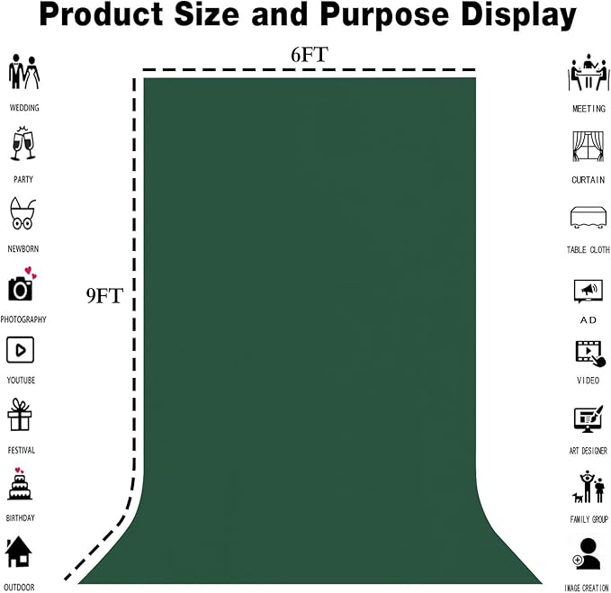 6x9FT Dark Green Screen Backdrops for Photography, Virtual Green Screen Backdrop Pieces for Zoom Meetings, Curtains for Party Decoration Video Shooting