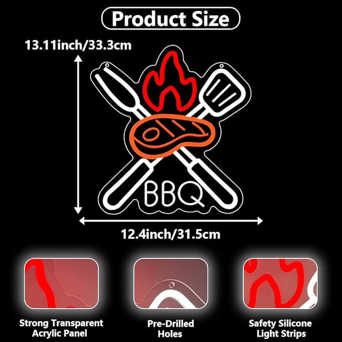 BBQ Neon Signs for Wall Decor,Adjustable Brightness Grill LED Sign for BBQ Party Decorations,Neon Lights Sign for Barbecue Restaurant,BBQ Signs for Outside,Home, Bar, Party,Christmas Gift