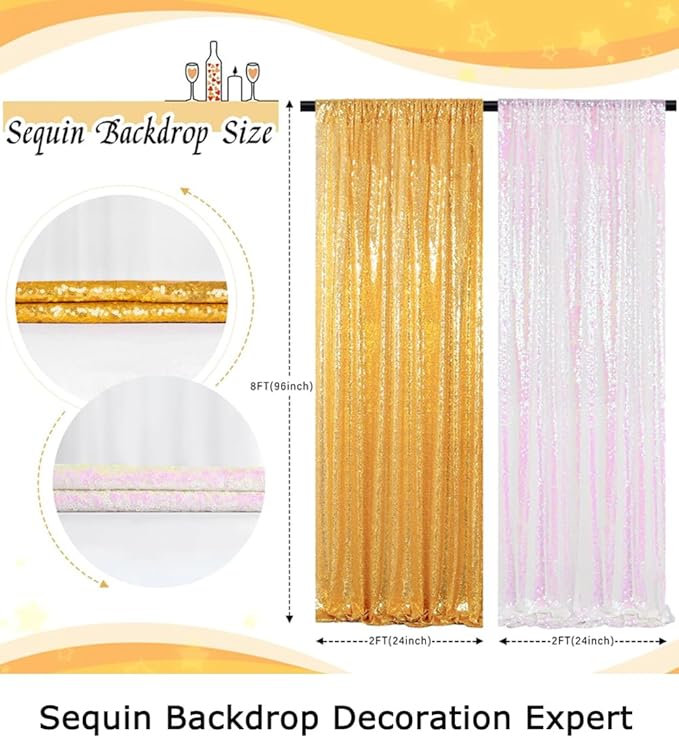 ShinyBeauty 4-Pack Sequin Photo Backdrop Curtains 2x8FT - Glitter Gold & Transparent White Sparkling Wall/Stage Background for Photography Studio, Birthdays, Weddings, Parties
