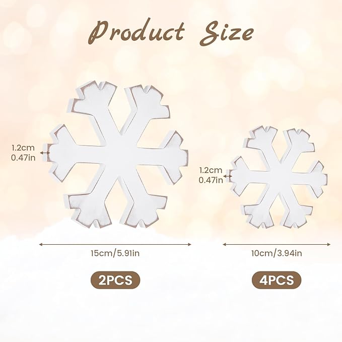 6Pcs Snowflake Decorations Christmas Decor White Winter Wooden Snowflakes Standing Christmas Tiered Tray Decor Table Signs Winter Wonderland Decorations for Indoor Home Xmas Shelf Fireplace Mantel