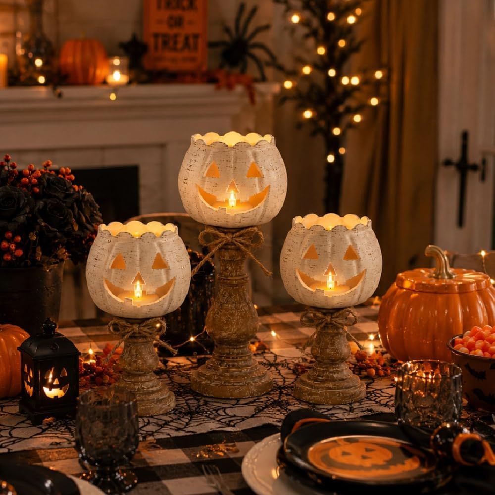 Rustic White Pumpkin Tealight Candle Holder Set, Farmhouse Halloween Pumpkin Tea Light Candle Holders Decor, Fall Tables Centerpieces for Thanksgiving & Halloween Party