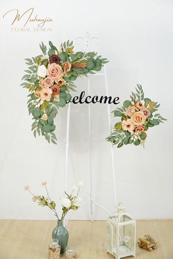 Wedding Sign Faux Flower Swag (Pack of 2) for Ceremony Party Reception Entrance Floral Decor Wall Easel Stand for Wedding Poster Welcome Sign (Terracotta)