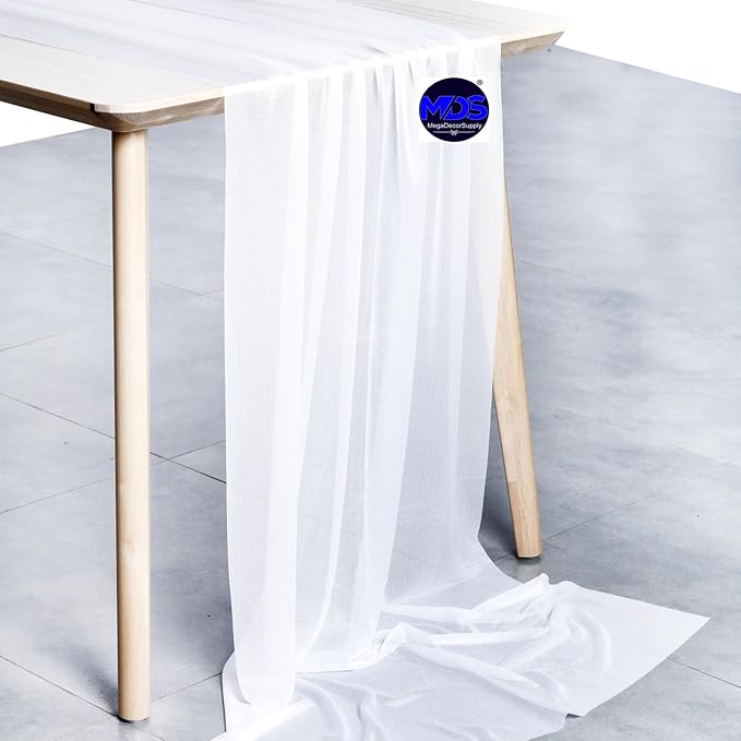 MDS 15 Pack 10ft Chiffon Table Runner 29 x 120 Inches Sheer Wedding Runner Romantic Rustic Table Runner for Wedding Decorations, Birthday Parties, Bridal Shower Party Arch Decor - White