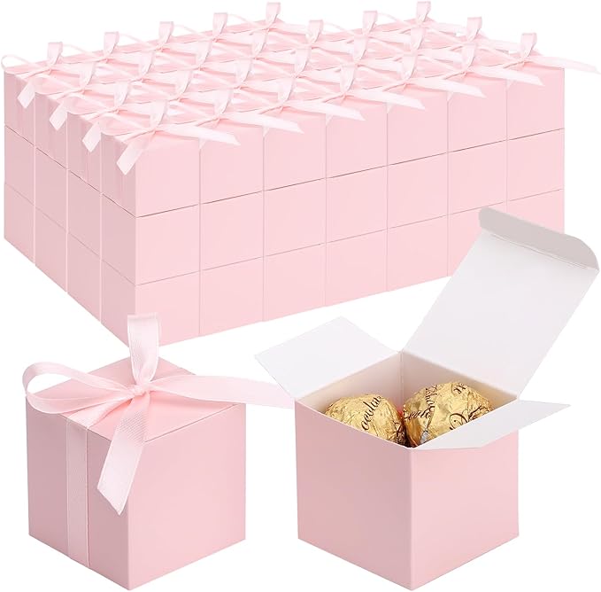 EUSOAR Candy Boxes Party Favors, 120pcs 2x2x2 Inches Pink Favor Boxes Candy Gift Box with Ribbon, Mini Bakery Cookies Box Square Paper Chocolate Containers for Wedding Anniversary Party Favor