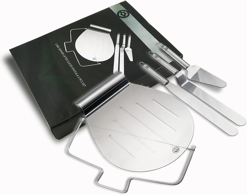 Stainless Steel Cake Customizing Decorating Serving 5pc set, Cake Server Lifter Slicer Straight & Offset Icing Frosting Spatulas
