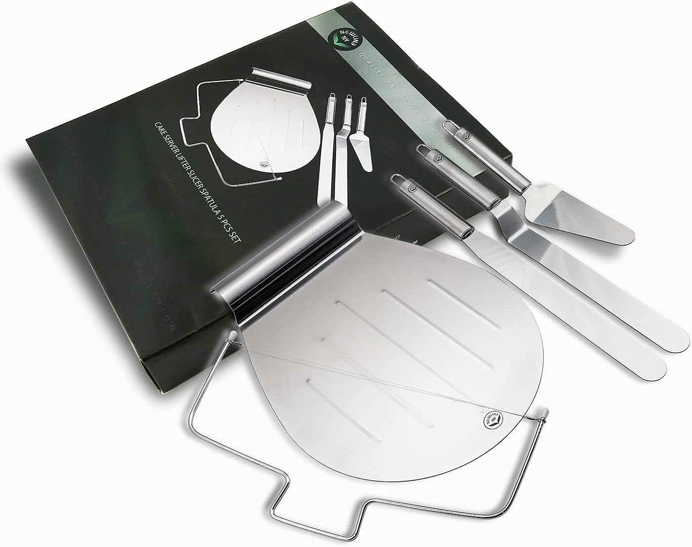 Stainless Steel Cake Customizing Decorating Serving 5pc set, Cake Server Lifter Slicer Straight & Offset Icing Frosting Spatulas