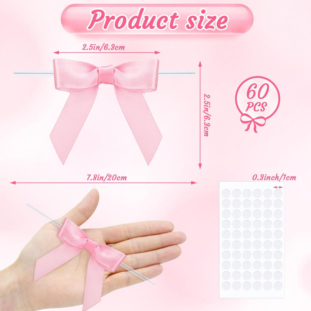woric 60 PCS Mini Pink Bows 2.5" Premade Twist Tie Bows for Crafts | Pink Satin Ribbon for Treat Bags Cake Baking Gift Wrapping Wedding Birthday Baby Shower Party Favors