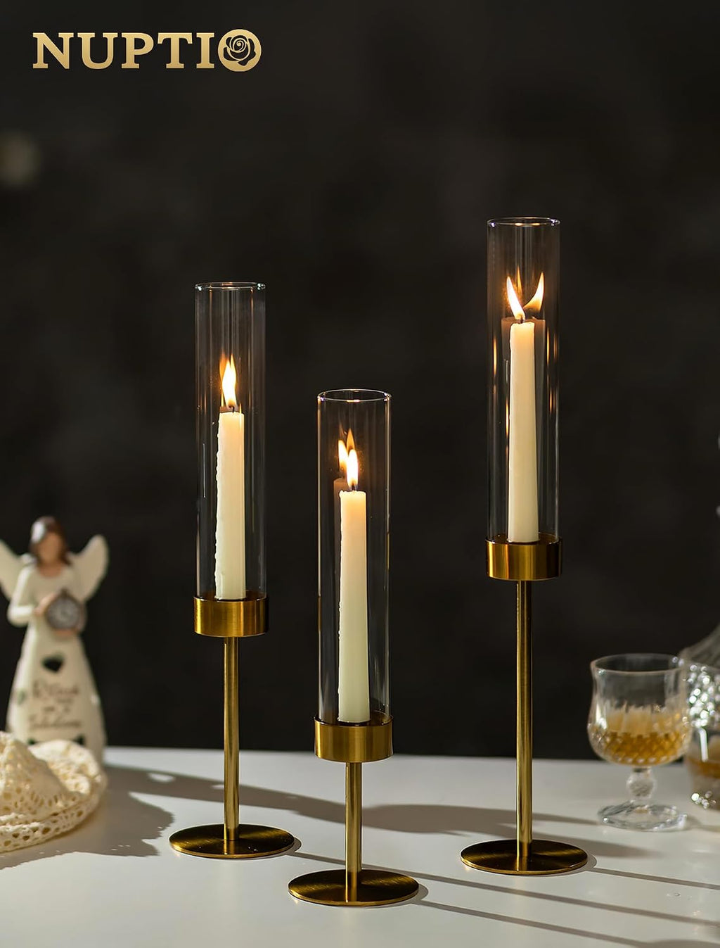 NUPTIO Hurricane Candle Holder for Centerpiece: Set of 6 Gold Taper Candle Holders Bulk - Tall Brass Candlestick Holders with Cylinder Shape Cover for Dinner Table Christmas Decor