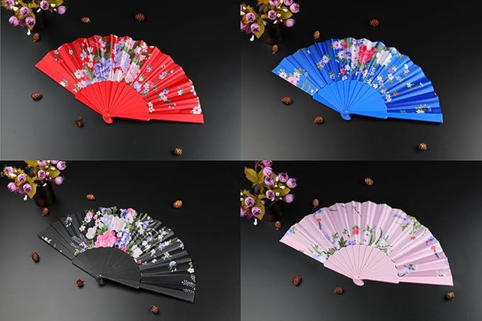 HUNANBANG 4 Pcs Oriental Flowers Japanese Folding Hand Fans Spanish Church Wedding Vintage Gift, Party Favors, DIY Decoration retro Gift Size 8 1/4" Wholesale (4pack)