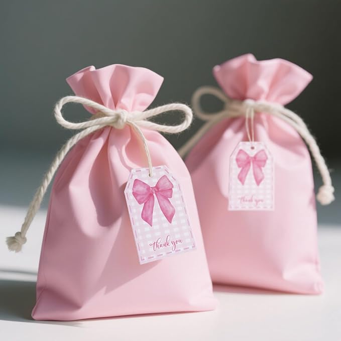 100Pcs Pink Bow Gift Tags with String Pink Buffalo Plaid Large Gift Tags with 65Ft White String Cute Thank You White Paper Tag for Coquette Birthday Baby Shower Wedding Gift Wrap Tag