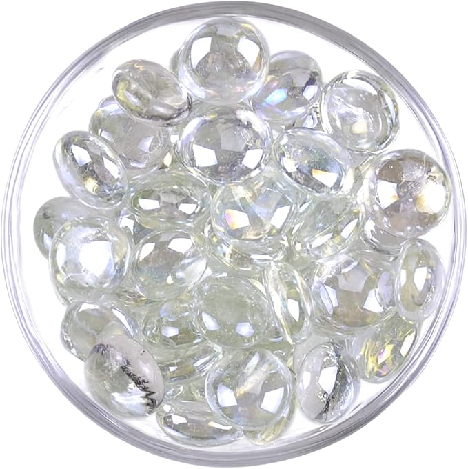 KINGOU Flat Glass Gems/Marbles/Stones/Beads for Vase Filler, Table Scatter, Games - 1 Lbs (17-19mm, Approx. 3/4") (Clear, Standard)