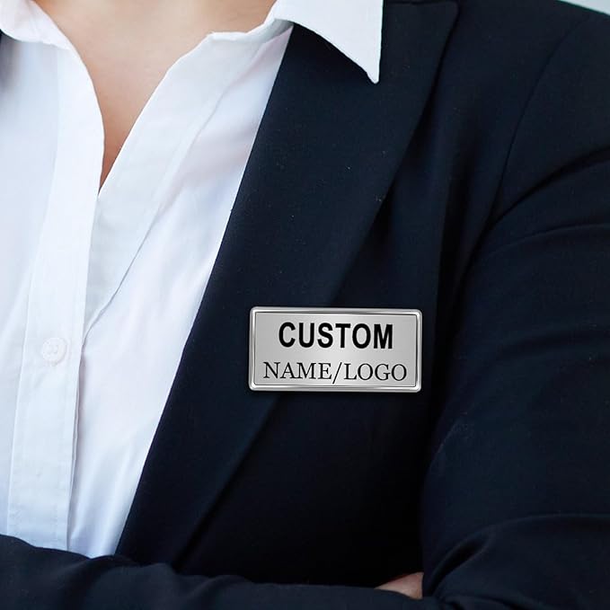 Custom Name Tags ID Badges with Logo Name Personalized Name Badges Custom Name Tag ID Badges with Pin Backing Customizable Name Badges for Business Offices Stores Restaurant, 1.5x2.8 in, 2PCS