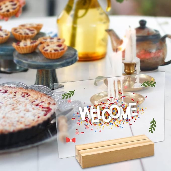 8 Pack 5 x 7 Inch Blank Clear Acrylic Table Displays with Wooden Stands - Ideal for DIY Name Cards, Menu Numbers, and Event Party Decorations（SINGLE LAYER）