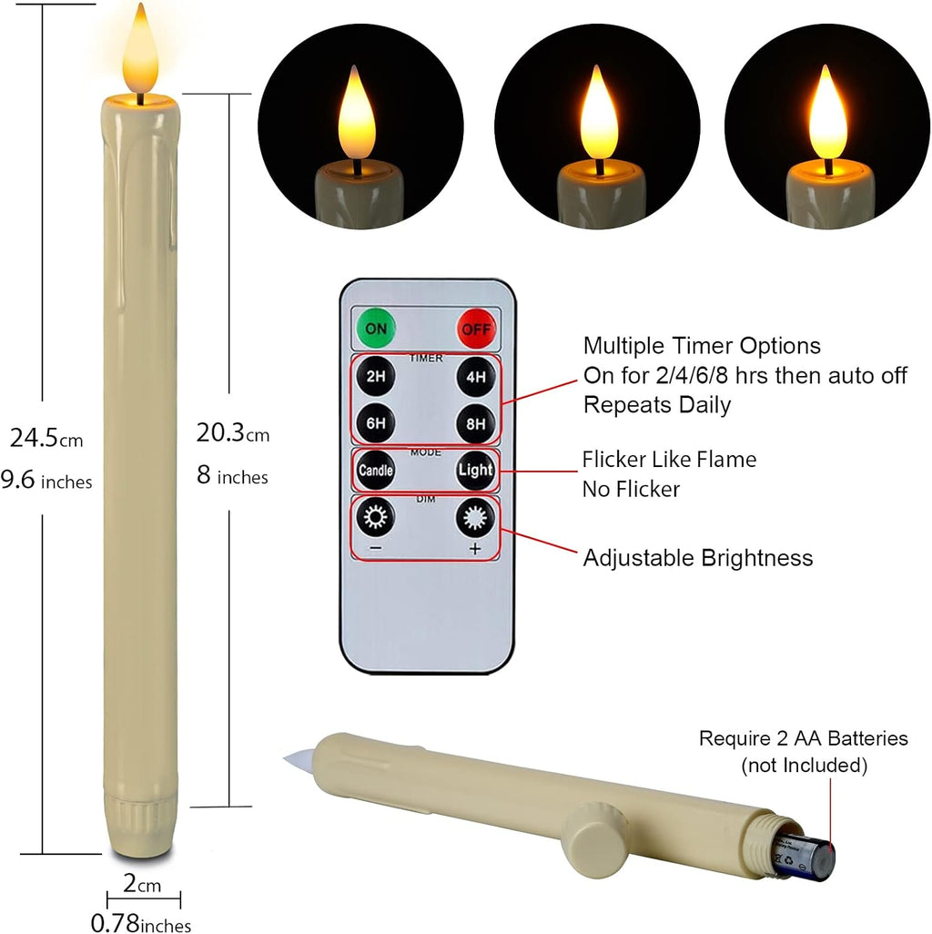 Homemory 6 Pcs Flameless Taper Candles with Remote, Timer, Dimmer, Ivory Battery Operated CandleSticks with Flickering Light, Plastic Led Window Candles, 9.6 Inches for Halloween Christmas Decoration