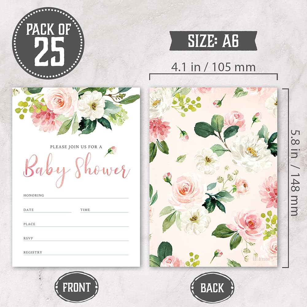 Set of 25 Floral Baby Shower Invitations, Diaper Raffle Tickets and Baby Shower Book Request Cards with Envelopes. It's a Girl Pink Boho Fill-in Invites for Baby Shower