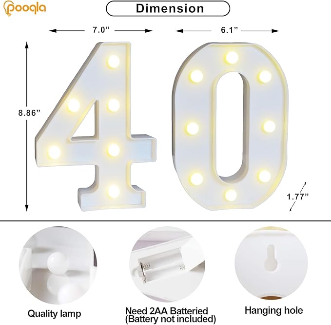 Pooqla 40th Birthday Decoration for Woman Man, Decorative LED Light Up Numbers, Marquee Numbers 40 Sign for Party Backdrop 40th Wedding Anniversary Decor, Warm White and Cool White Number 40