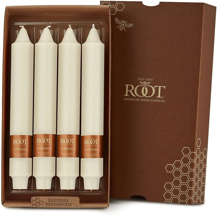 Root Candles 4-Count Unscented Dinner Candles Dripless Beeswax Enhanced Smooth Collenette Boxed Candle Set, 9-Inch, Ivory