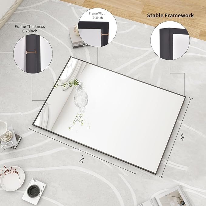 BEAUTYPEAK Black Bathroom Wall Mirror - 26" x 38" Rectangular Mirror with Metal Frame, Hangs Horizontal or Vertical for Living Room Bedroom Bathroom Entryway