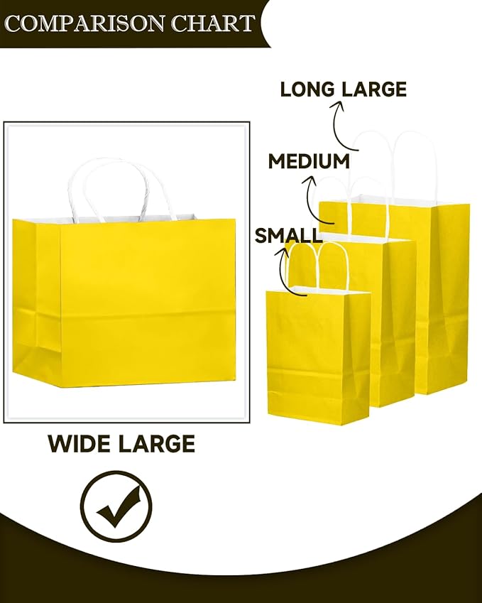 qiqee 50-Packs Bright Yellow Paper Gift Bags with Handles Bulk 12.6"x4.3"x10" Wide Large Size Party Favor Bags Multiple Uses