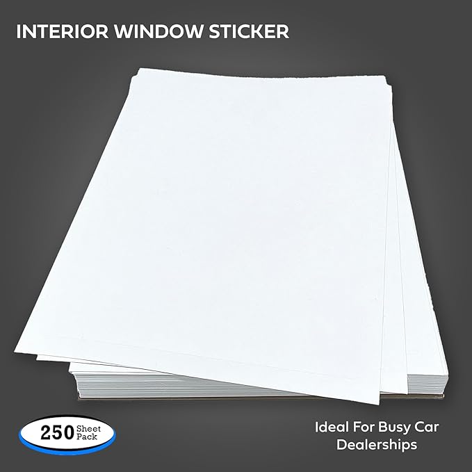 Interior Car Window Stickers for Cars & Dealerships - Blank White | 8.5" x 11" | (250 Pack of Stickers) (Adhesive) (Laser Printer)