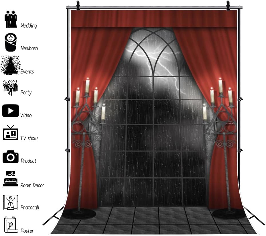 Renaiss 8x12ft Vintage Gothic Window Backdrop Red Curtain Candlestick Black F...