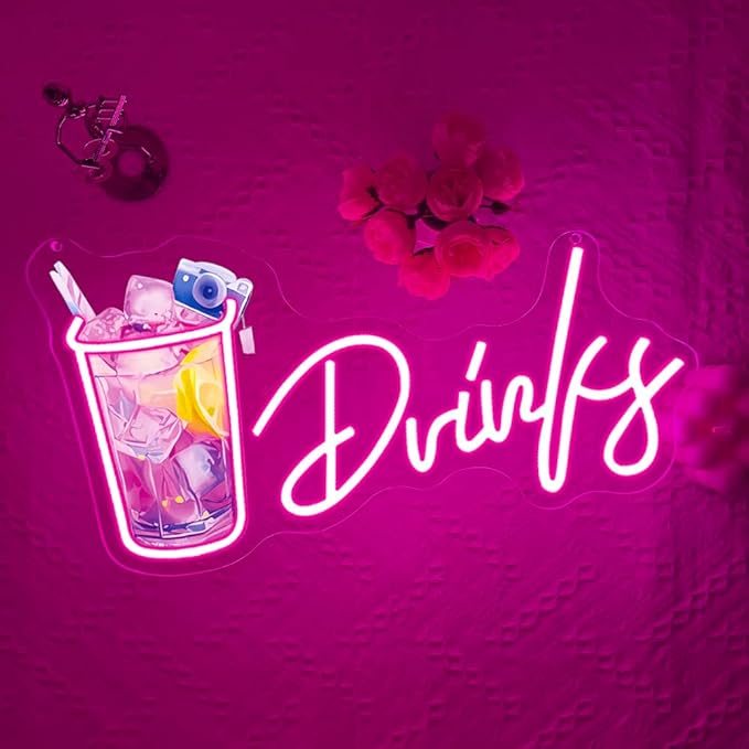 Drinks Neon Signs for Wall Decor,Cool Cocktail Glass LED Sign Art Wall Lights,Lemonade Drinks Neon Signs for Beer Bar Decor,Pub Party,Night Club,Man Cave,Business,Shop