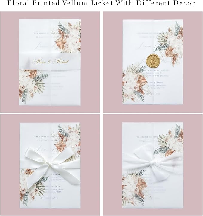 PONATIA 50PCS Vellum Jackets for 5x7 Invitation Cards- 135GSM Boho Flowers Vellum Sleeves Paper - Wedding Invitations Wraps - Transparent Card Jacket