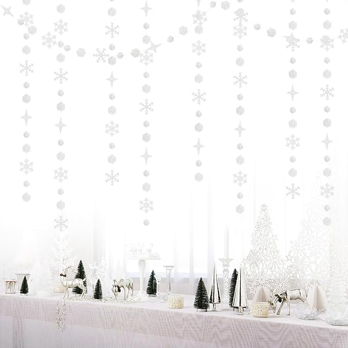 Snowflake-Snow White-Silver Christmas Party-Decorations Streamers - 52Ft White Winter Wonderland Frozen Hanging Paper Garland Banner,Birthday Wedding Baby Shower New Year Supplies Decor Hugtmr