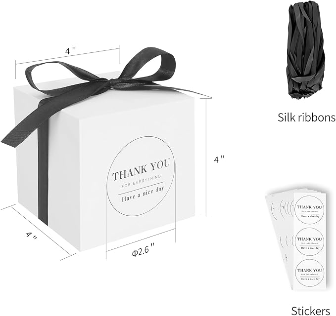 COTOPHER Small Gift Boxes 60 Pack 4x4x4 inches White Gift Boxes with Lids for Gifts, Crafting, Wedding Party Favor, Cupcake Boxes, Candy, Bridesmaids Proposal Box with Ribbons and Stickers (White, 60)