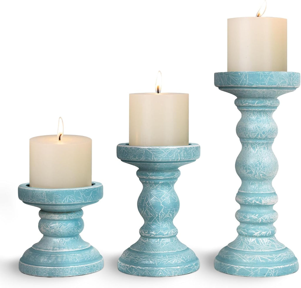 Candle Holder for Pillar Candle Set of 3, Ocean Themed Beach Decor Candle Holders, Coastal Farmhouse Nautical Rustic Decorations for Bathroom, Living Room, Dining Room and Office, Blue