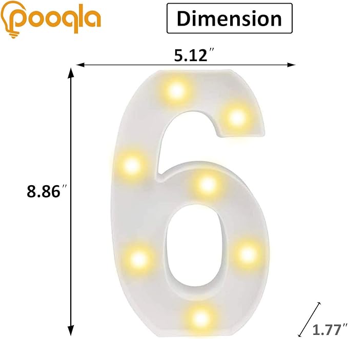 Pooqla LED Light Up Numbers, Warm White and Cool White Decorative Lighted Marquee Numbers, Light Up Numbers for Boys Girls Party, Wedding, Bar, Night Light, Room Decor, Birthday Decoration, Number 6