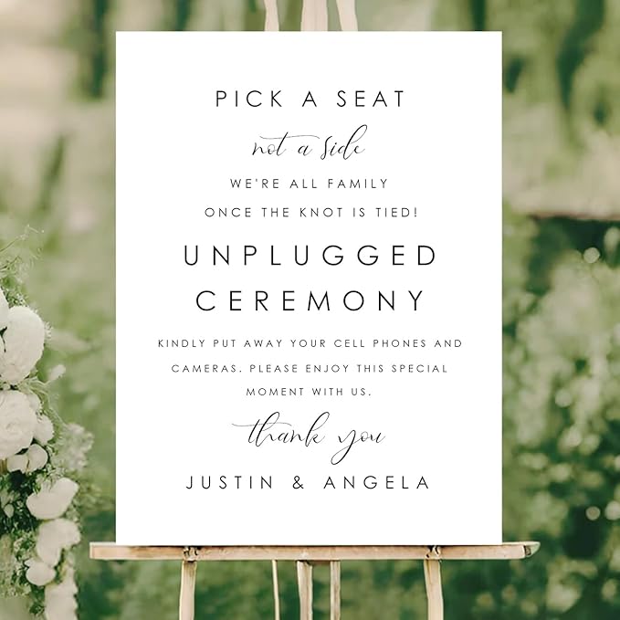Wedding Yard Sign – Pick a Seat Not a Side + Unplugged Ceremony – Modern Minimalist Outdoor Welcome Board