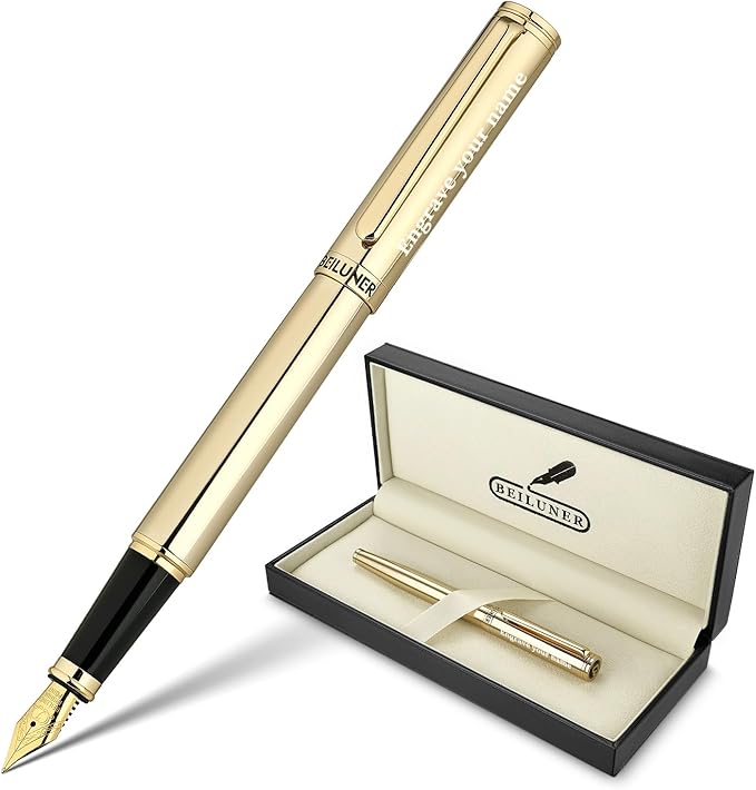 BEILUNER Gold Personalized Fountain Pen,Stunning Luxury Surface,24K Gilded Nib(Fine),Gorgeous 24K Gold Finish, Ink Converter,Fancy Gift for Men&Women-Elegant, Graduation,Office Pens for Writing