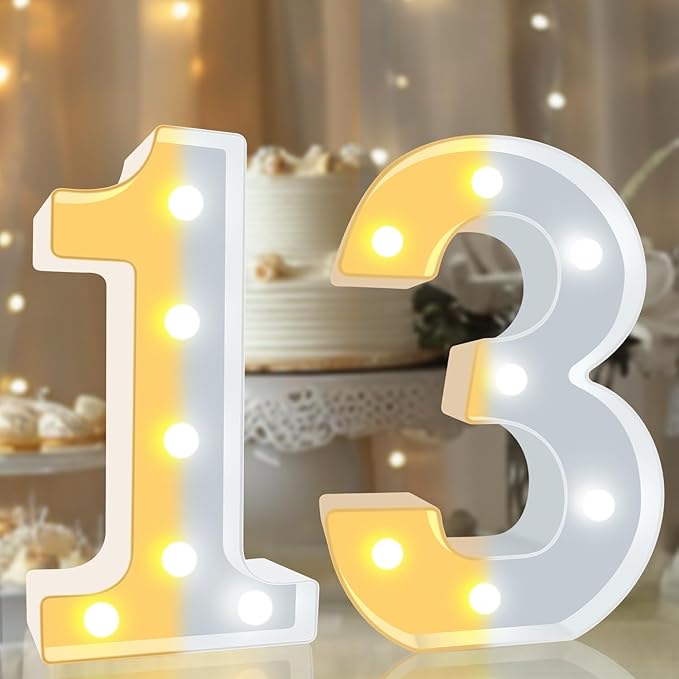Pooqla 13th Birthday Decoration for Girls Boys, Decorative LED Light Up Numbers, Marquee Numbers 13 Sign for Party Backdrop 13th Wedding Anniversary Decor, Warm White and Cool White Number 13