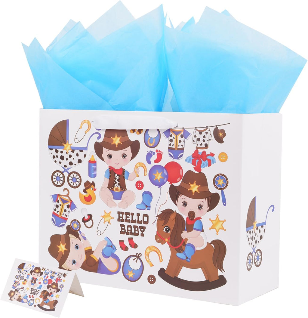 ysmile Cowboy Large Gift Bag with Wrapping Tissue for Baby Shower 12.6" - Boy