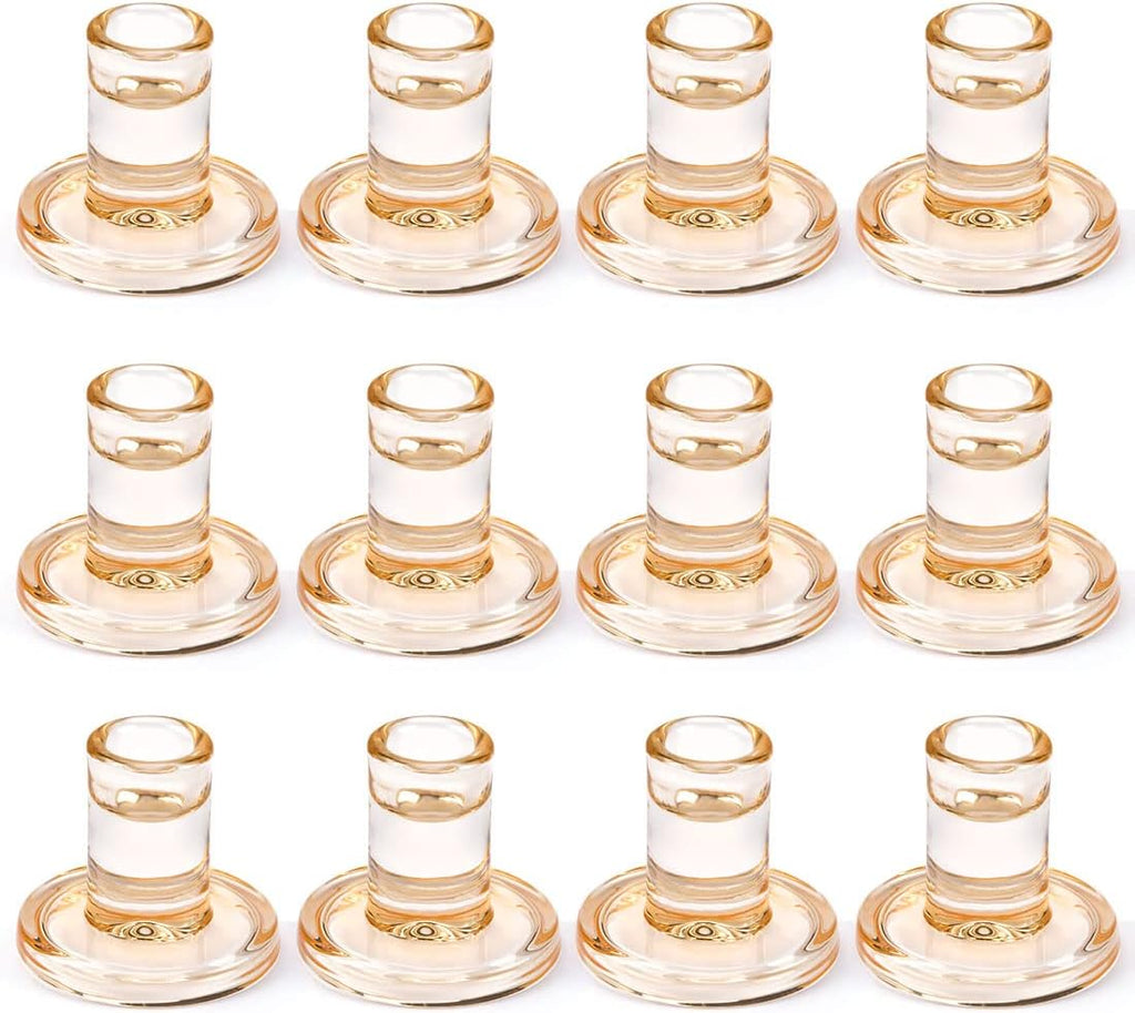12pcs Amber Taper Candle Holders, Glass Crystal Candlestick Holders Bulk, Clear Candle Holders for Dining Table Centerpiece