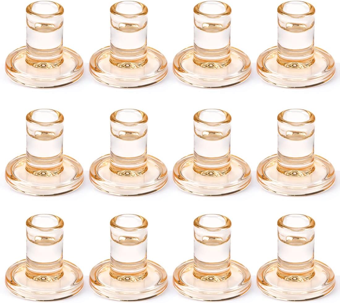 12pcs Amber Taper Candle Holders, Glass Crystal Candlestick Holders Bulk, Clear Candle Holders for Dining Table Centerpiece
